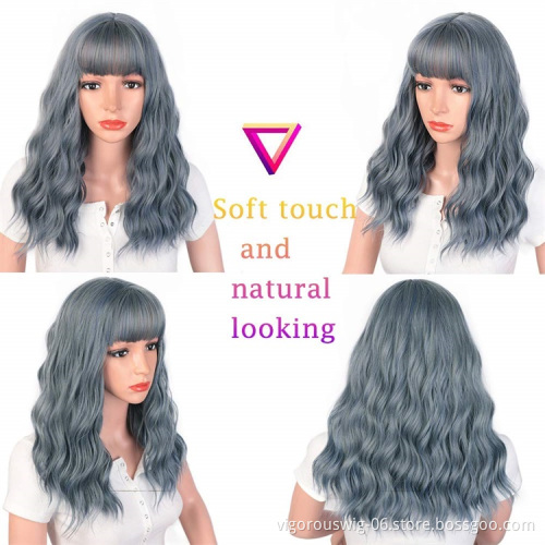Vigorous Natural Wave Wig with Bangs Blue or Black Long Wavy Synthetic Wigs for Women Heat Resistant Fiber Hair